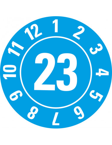 Keuringssticker met jaartal 23 op rol, blauw met krans