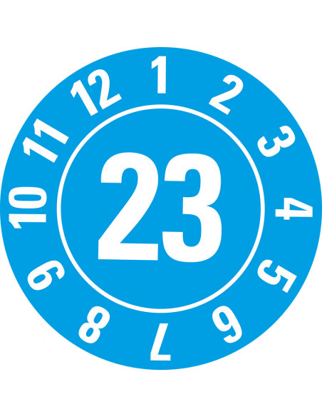 Keuringssticker met jaartal 23 op rol, blauw met krans