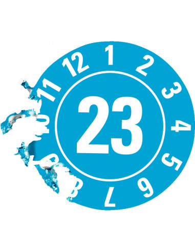 Keuringssticker met jaartal 23 op rol, blauw antifraude