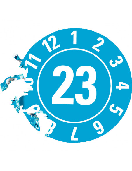 Keuringssticker met jaartal 23 op rol, blauw antifraude