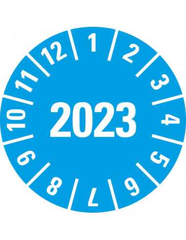 Keuringssticker met jaartal 2023 op rol, blauw met maandenkrans