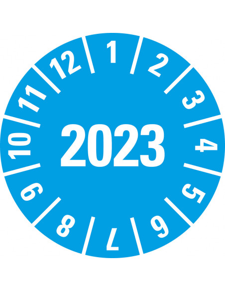 Keuringssticker met jaartal 2023 op rol, blauw met maandenkrans