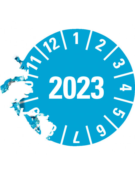Keuringssticker met jaartal 2023 op rol, blauw antifraude