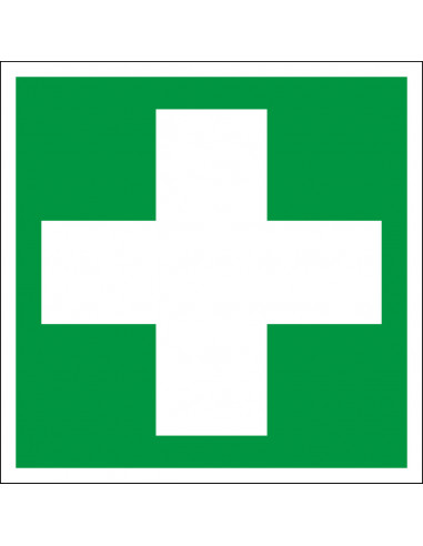 EHBO sticker, ISO 7010, E003, groen wit, symbool EHBO, wit kruis, vierkant