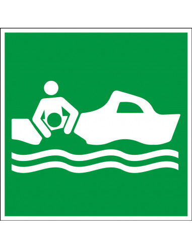 Reddingsboot sticker, ISO 7010, E037, vierkant, groen wit, pictogram met reddingsboot