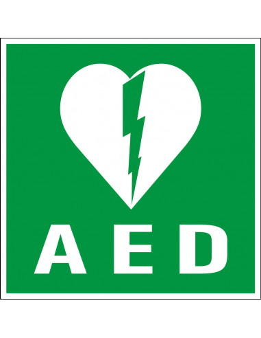 Sticker met tekst AED, groen wit, hart, EHBO