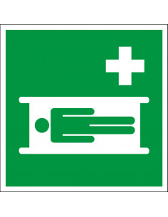 Brancard sticker, ISO 7010, E013, groen wit, vierkant, brancard pictogram