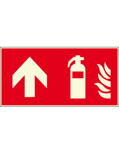 Lichtgevend brandblusser bord rechtdoor, 300 x 150 mm, F001, rood wit, pictogram brandblusser met pijl rechtdoor, rechthoek