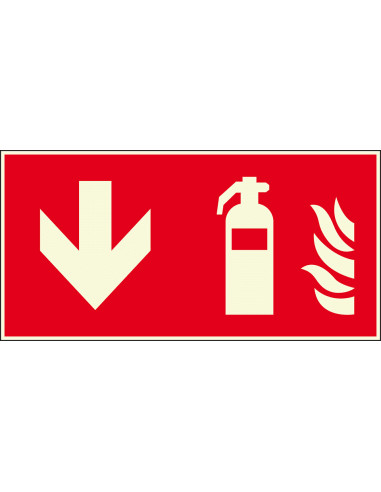 Lichtgevend brandblusser bord beneden, 300 x 150 mm, F001, rood wit, pictogram brandblusser met pijl beneden, rechthoek
