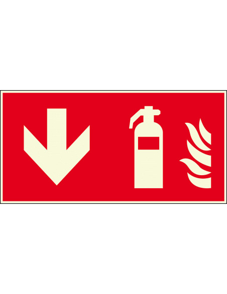 Lichtgevend brandblusser bord beneden, 300 x 150 mm, F001, rood wit, pictogram brandblusser met pijl beneden, rechthoek