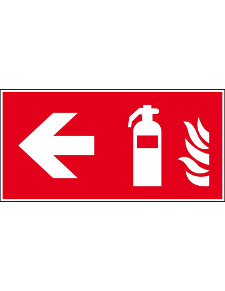 Brandblusser bord links, 300 x 150 mm, F001, rood wit, pictogram brandblusser met pijl naar links, rechthoek