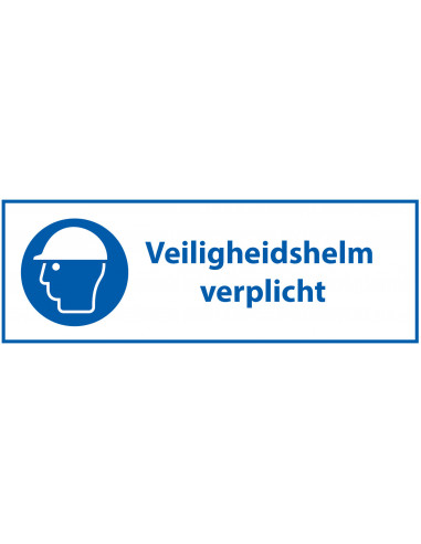 Veiligheidshelm verplicht tekststicker, blauw wit, rechthoek, Nederlandse tekst