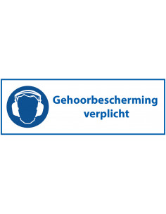 Gehoorbescherming verplicht sticker met tekst, Nederlandse tekst, blauw wit, rechthoek