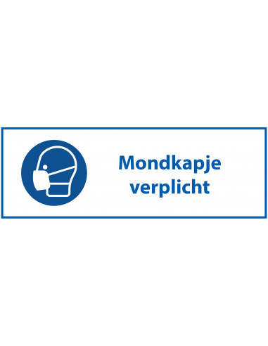 Mondkapje verplicht tekststicker, blauw wit, rechthoek, Nederlandse tekst
