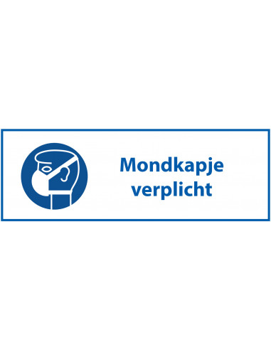 Mondkapje verplicht sticker met tekst, blauw wit, rechthoek, Nederlandse tekst