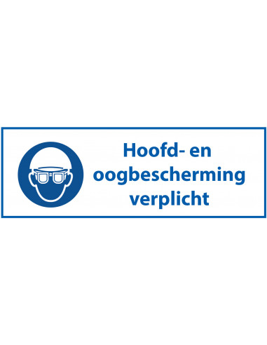 Hoofd- en oogbescherming verplicht tekststicker, blauw wit, rechthoek, Nederlandse tekst