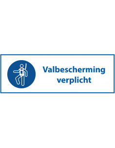 Valbescherming verplicht tekststicker, ISO 7010, blauw wit, rechthoek, Nederlandse tekst