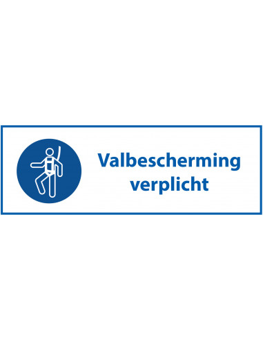 Valbescherming verplicht tekststicker, ISO 7010, blauw wit, rechthoek, Nederlandse tekst