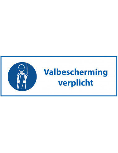 Valbescherming verplicht sticker met tekst, blauw wit, rechthoek, Nederlandse tekst