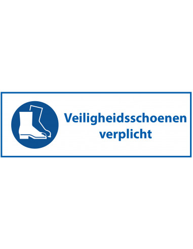 Veiligheidsschoenen verplicht tekststicker, ISO 7010, blauw wit, Nederlandse tekst, rechthoek