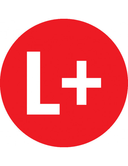 Positieve gelijkstroom L+ sticker, vel, rood wit per stuk met tekst L+