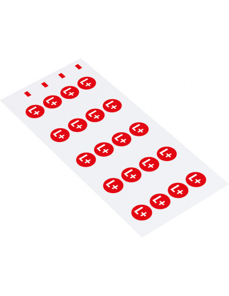 Positieve gelijkstroom L+ sticker, vel, rood wit op vel van 20 per kaart