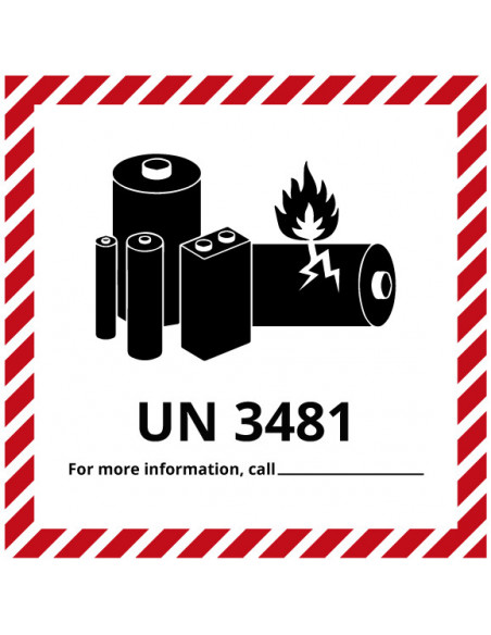 Sticker Lithium-Ion UN3481 op rol, rood wit, vierkant, op rol, lithium-lon baterijen