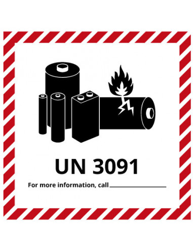 Sticker Lithium-Ion UN3091 op rol, rood wit, vierkant, op rol, lithium-lon baterijen