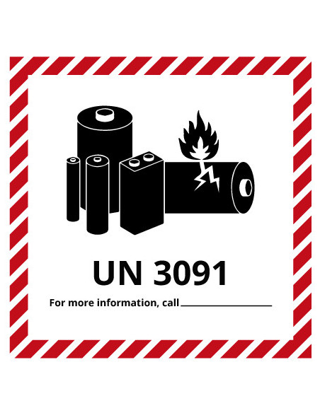 Sticker Lithium-Ion UN3091 op rol, rood wit, vierkant, op rol, lithium-lon baterijen