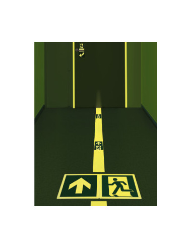 Lichtgevende vloersticker nooduitgang richtingspijl, 400 x 400 mm, groen, vierkant