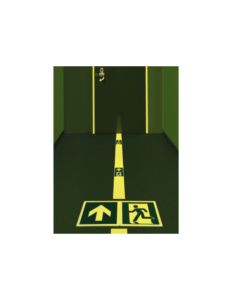 Lichtgevende vloersticker nooduitgang richtingspijl, 400 x 400 mm, groen, vierkant