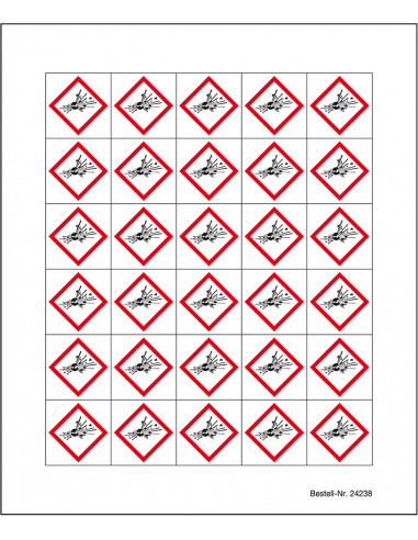 Minisymbool GHS01 'ontplofbare stoffen' sticker, CLP etiket, vierkant ruit, ontploffing, rood wit