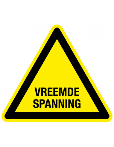 Waarschuwingssticker vreemde spanning, geel zwart, tekst vreemde spanning, driehoek