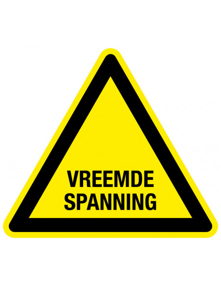 Waarschuwingssticker vreemde spanning, geel zwart, tekst vreemde spanning, driehoek