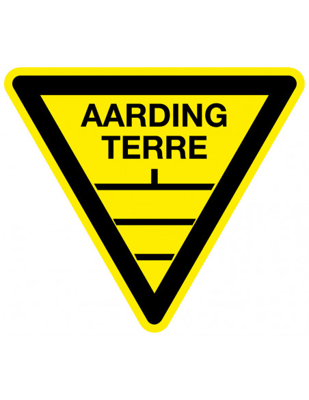 Waarschuwingssticker aarding terre, geel zwart, driehoek, geleider