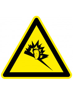 Waarschuwingssticker geluidsoverlast, geel zwart, geluidsoverlast symbool, driehoek