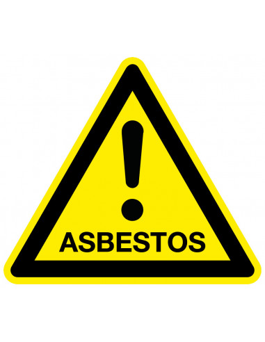 Waarschuwingssticker asbestos, geel zwart, tekst gevaar asbestos, driehoek