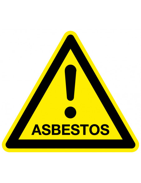 Waarschuwingssticker asbestos, geel zwart, tekst gevaar asbestos, driehoek