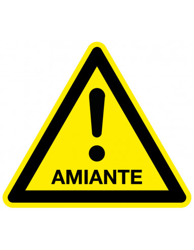 Waarschuwingssticker amiante, geel zwart, tekst amiante met uitroepteken, driehoek, Frans