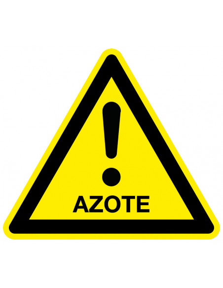 Waarschuwingssticker azote, geel zwart, tekst azote met uitroepteken, driehoek