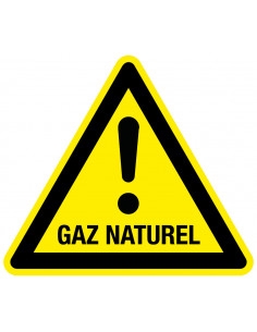 Waarschuwingssticker GAZ naturel, geel zwart, met tekst, driehoek