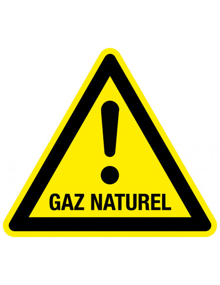 Waarschuwingssticker GAZ naturel, geel zwart, met tekst, driehoek