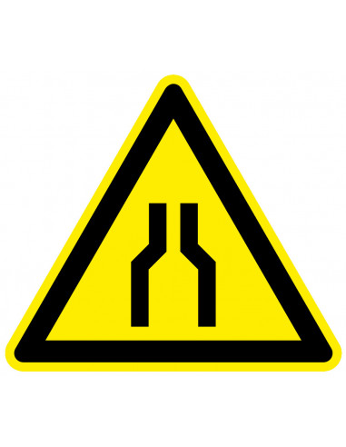 Waarschuwingssticker wegversmalling, geel zwart, wegversmalling symbool, driehoek