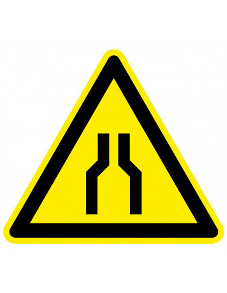 Waarschuwingssticker wegversmalling, geel zwart, wegversmalling symbool, driehoek