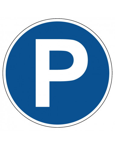 Parkeren verplicht sticker, blauw wit, pictogram P, rond