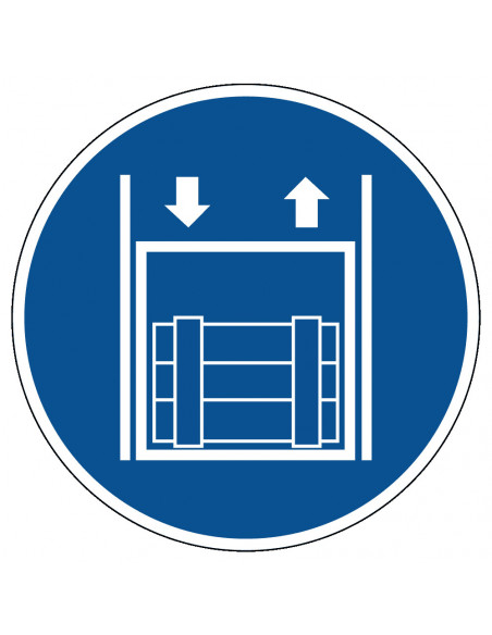 Goederenlift verplicht te gebruiken sticker, blauw wit, rond, goederenlift pictogram