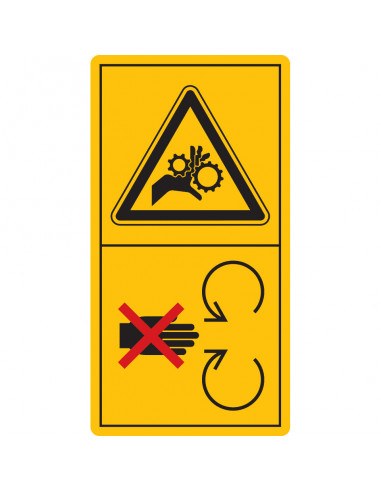 Combinatie-etiket intrekgevaar, niet openen terwijl machine loopt sticker, geel zwart
