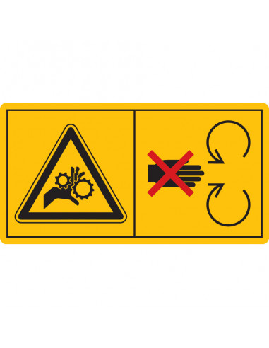 Combinatie-etiket intrekgevaar, niet openen terwijl machine loopt sticker, geel zwart