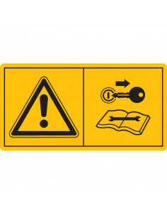 Machine-etiket zet motor af en verwijder sleutel voor onderhoud en reparatie werkzaamheden, geel zwart