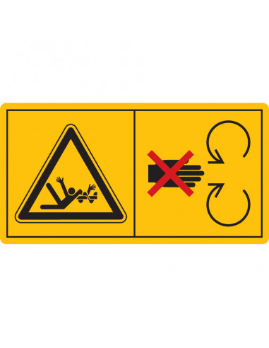 Combinatie-etiket Grijp niet in de draaiende vijzel, geel zwart rood, etiket